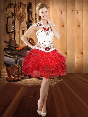 Best Mini Length Lace Up Red for Prom and Party with Embroidery and Ruffles