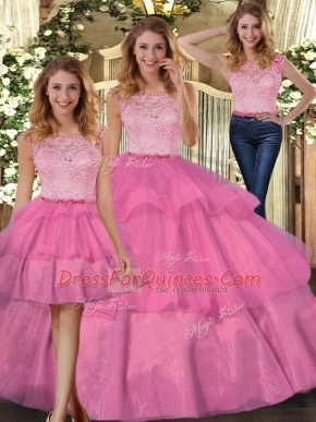 Stylish Hot Pink Sleeveless Floor Length Lace Zipper Sweet 16 Quinceanera Dress