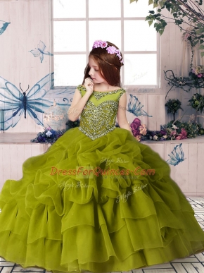 Adorable Floor Length Olive Green Little Girl Pageant Dress Organza Sleeveless Beading and Pick Ups