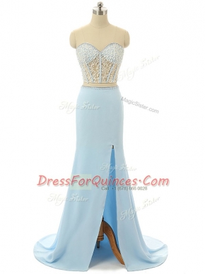 Extravagant Sleeveless Elastic Woven Satin Brush Train Zipper Prom Dress in Light Blue with Beading