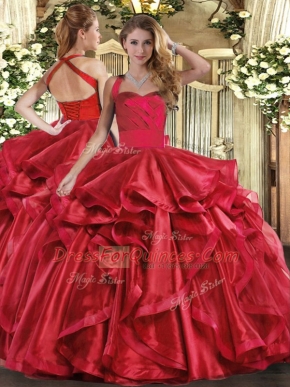 Spectacular Wine Red Quinceanera Dress Military Ball and Sweet 16 and Quinceanera with Ruffles Halter Top Sleeveless Lace Up