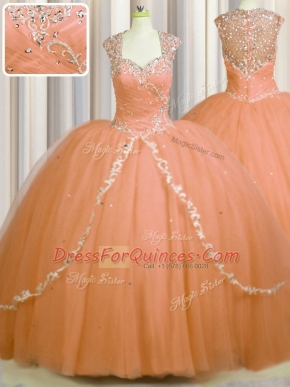 See Through Back Brush Train Orange Cap Sleeves With Train Beading and Appliques Zipper Quinceanera Dresses