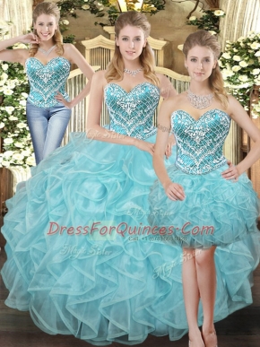Sophisticated Sleeveless Organza Floor Length Lace Up Quinceanera Dresses in Aqua Blue with Beading and Ruffles
