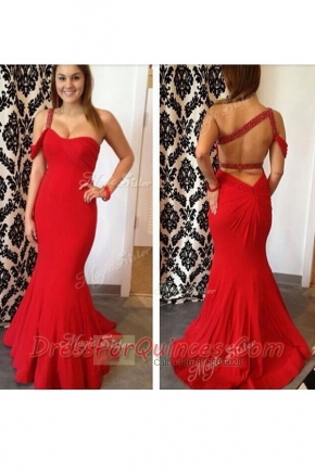 Mermaid One Shoulder Red Sleeveless Chiffon Criss Cross Prom Dresses for Prom