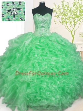 Romantic Apple Green Organza Lace Up Sweetheart Sleeveless Floor Length Ball Gown Prom Dress Beading and Ruffles and Pick Ups