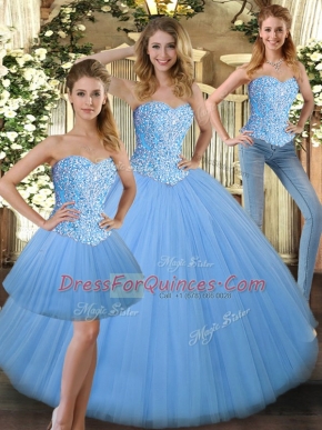 Stylish Baby Blue Sleeveless Floor Length Beading Lace Up Quince Ball Gowns