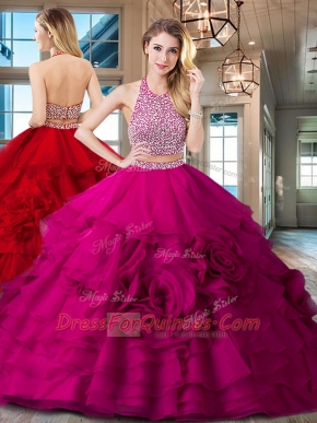 Most Popular With Train Fuchsia Sweet 16 Dresses Halter Top Sleeveless Brush Train Backless