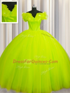 Noble Off The Shoulder Short Sleeves With Train Ruching Lace Up 15th Birthday Dress with Yellow Green Court Train