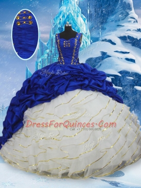 Designer Blue And White Sleeveless Taffeta Brush Train Lace Up Sweet 16 Quinceanera Dress for Military Ball and Sweet 16 and Quinceanera