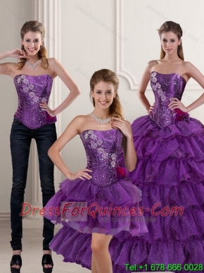 2015 Pretty Purple Quince Dress with Ruffled Layers and Beading