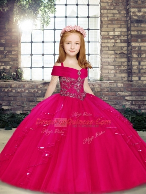Fuchsia Ball Gowns Straps Sleeveless Floor Length Lace Up Beading Kids Pageant Dress