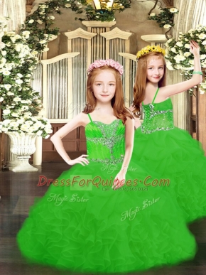 Trendy Green Ball Gowns Beading and Ruffles and Pick Ups Pageant Gowns For Girls Lace Up Organza Sleeveless Floor Length