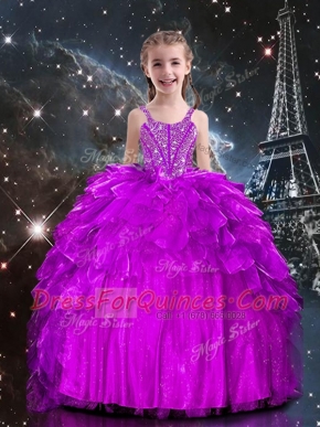 Enchanting Ball Gowns Flower Girl Dress Fuchsia Spaghetti Straps Organza Sleeveless Floor Length Lace Up