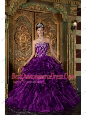 Purple Ball Gown Strapless Floor-length Organza Ruffles Quinceanera Dress