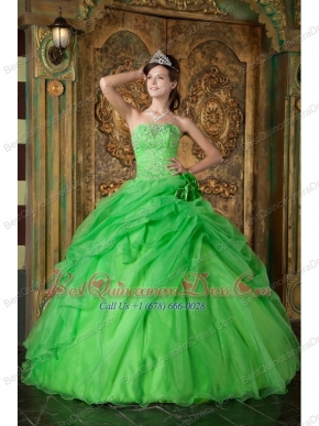 Spring Green Ball Gown Strapless Floor-length Organza Beading Quinceanera Dress