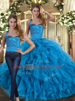 Classical Floor Length Two Pieces Sleeveless Blue Vestidos de Quinceanera Lace Up