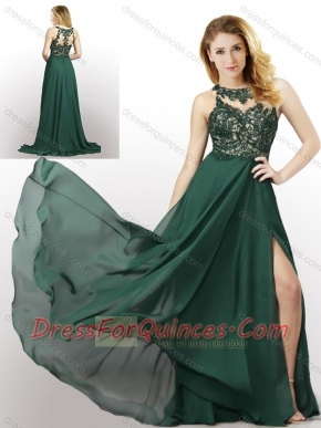 New Style Empire Chiffon Laced and High Slit Dama Dress in Dark Green