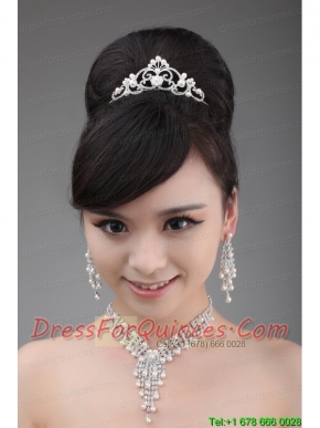Elegant Rhinestone And Pearl Jewelry Set Including Necklace Earrings And Crown