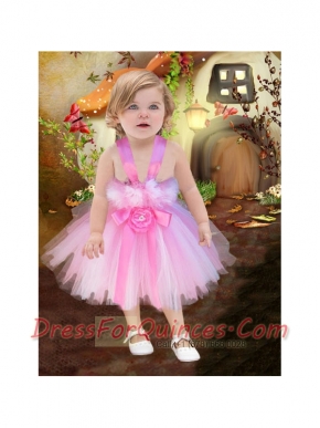 2014 A-Line Straps Hand Made Flowers Little Girl Dress in Pink
