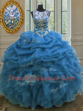 Beauteous Scoop Beading and Ruffles and Pick Ups 15th Birthday Dress Blue Lace Up Sleeveless Floor Length