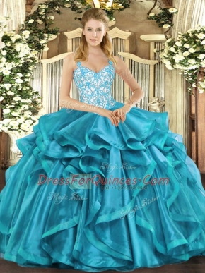Teal Ball Gowns Straps Sleeveless Organza Floor Length Lace Up Beading and Appliques and Ruffles Sweet 16 Dresses