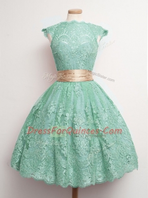 New Style Lace Square Cap Sleeves Lace Up Belt Vestidos de Damas in Turquoise