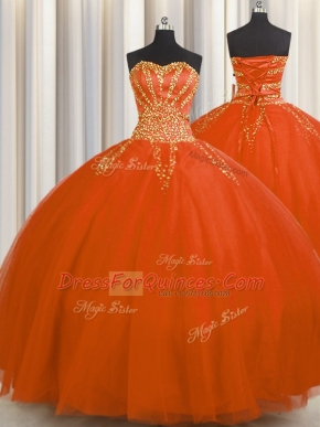 Free and Easy Really Puffy Tulle Sweetheart Sleeveless Lace Up Beading Ball Gown Prom Dress in Red