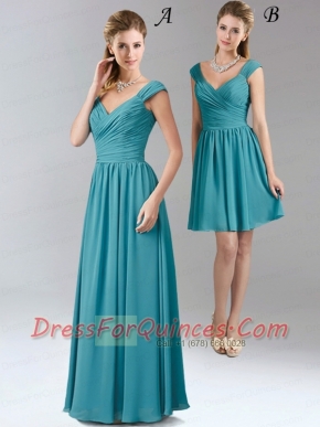 2015 Simple Turquoise Empire Dama Dress with V Neck