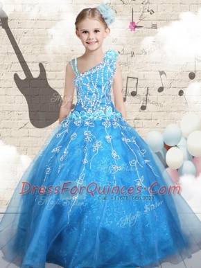 Low Price Baby Blue Asymmetric Neckline Appliques Little Girl Pageant Dress Sleeveless Lace Up