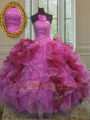 Organza Sleeveless Floor Length Sweet 16 Quinceanera Dress and Ruffles and Sequins
