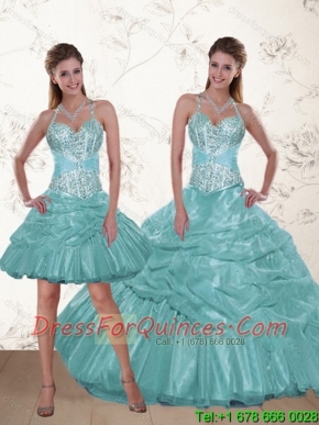 2015 Popular Halter Top Aqua Blue Quince Dresses with Beading and Ruffles