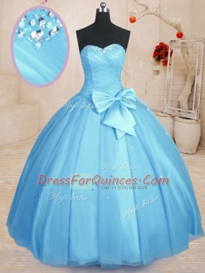 Baby Blue Vestidos de Quinceanera Military Ball and Sweet 16 and Quinceanera and For with Beading and Bowknot Sweetheart Sleeveless Lace Up