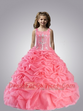 Charming Spaghetti Straps Appliques and Pick-ups Little Girl Pageant Dress in Watermelon