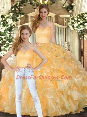 Stylish Gold Sleeveless Beading and Ruffles Floor Length Sweet 16 Dress