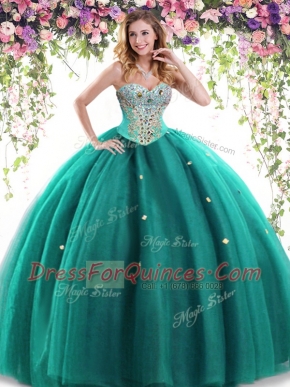 Dark Green Sleeveless Tulle Lace Up Ball Gown Prom Dress for Military Ball and Sweet 16 and Quinceanera