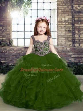 Adorable Straps Sleeveless Girls Pageant Dresses Floor Length Beading and Ruffles Olive Green Tulle