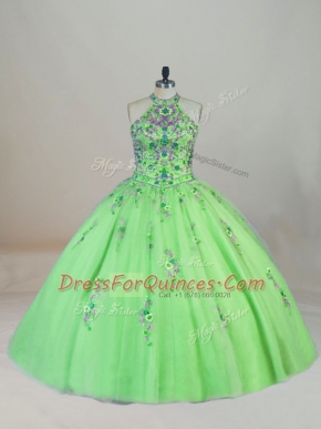 Tulle Halter Top Sleeveless Brush Train Lace Up Appliques and Embroidery Quinceanera Gown in