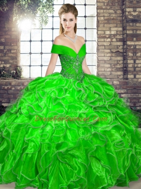 Green Organza Lace Up Ball Gown Prom Dress Sleeveless Floor Length Beading and Ruffles
