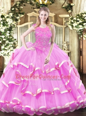 Inexpensive Scoop Sleeveless Quinceanera Dress Floor Length Beading and Ruffled Layers Lilac Organza