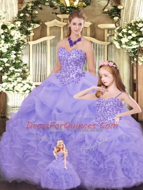 Lavender Ball Gowns Sweetheart Sleeveless Organza Floor Length Lace Up Beading and Ruffles Quinceanera Gown