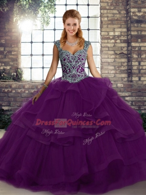 Floor Length Purple Quince Ball Gowns Straps Sleeveless Lace Up