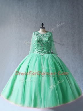 Fabulous Apple Green Ball Gowns Scoop Long Sleeves Tulle Floor Length Lace Up Beading Quince Ball Gowns