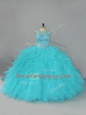 On Sale Sleeveless Floor Length Beading and Ruffles Lace Up Quinceanera Gowns with Aqua Blue
