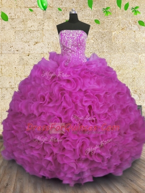 Fuchsia Lace Up Quinceanera Gown Beading and Ruffles Sleeveless Floor Length