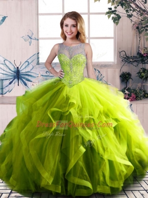 Scoop Sleeveless Sweet 16 Dress Floor Length Beading and Ruffles Olive Green Tulle