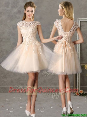 Classical Bateau Cap Sleeves Lace Dama Dresses in Champagne