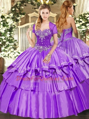 Gorgeous Lavender 15th Birthday Dress Military Ball and Sweet 16 and Quinceanera with Beading and Ruffled Layers Sweetheart Sleeveless Lace Up