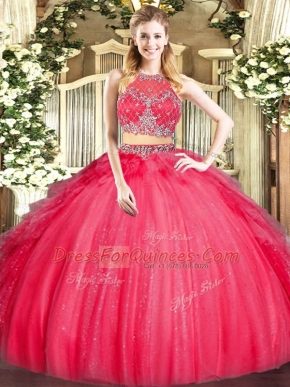 Red Two Pieces Tulle Scoop Sleeveless Beading and Ruffles Floor Length Zipper Vestidos de Quinceanera