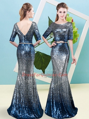 Floor Length Mermaid Half Sleeves Multi-color Prom Dress Zipper