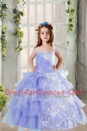 Fabulous Ruffled Floor Length Lavender Child Pageant Dress Square Sleeveless Lace Up
